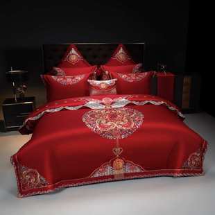 全棉结婚床上用品花卉刺绣重工中式 婚礼红四件套婚房布置备婚喜被