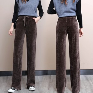 阔腿裤女秋冬加绒加厚雪尼尔条绒高腰九分休闲裤灯芯绒直筒长裤子