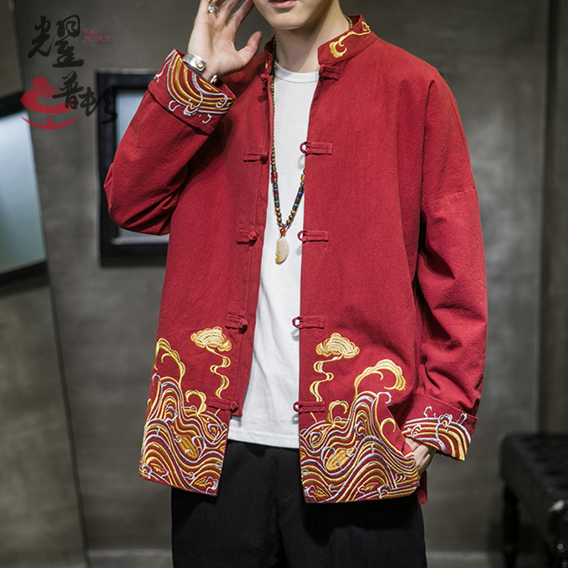 新年衣服男唐装红色绣花复古盘扣汉服新中式中国风茶服中山装外套