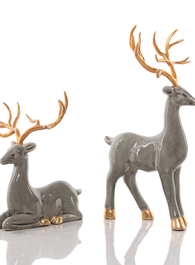 新中式陶瓷招财麋鹿摆件家居客厅玄关隔断书架桌面装饰品送礼摆设