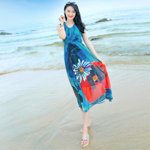 中长款 海滩裙沙滩裙夏装 雪纺连衣裙海边度假大码 波西米亚收腰无袖