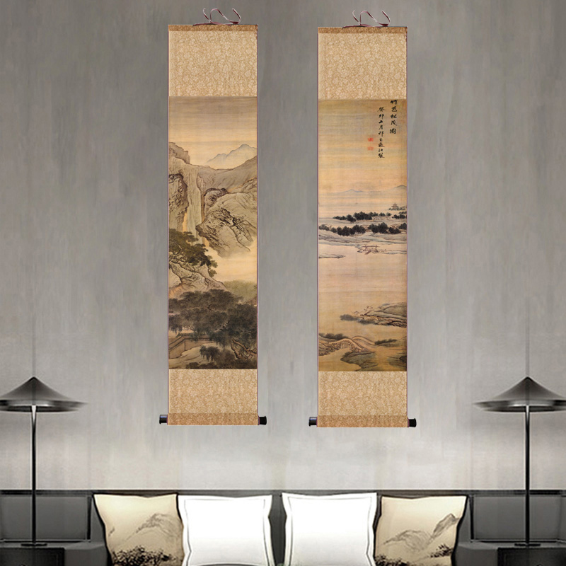 袁江长条水墨山水画走廊装饰壁画名家国画卷轴壁画办公室背景字画