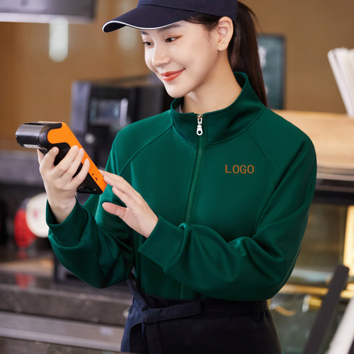 饭厅服务员工作服长袖厚棉T食堂超市快餐火锅店工装秋季外套定制