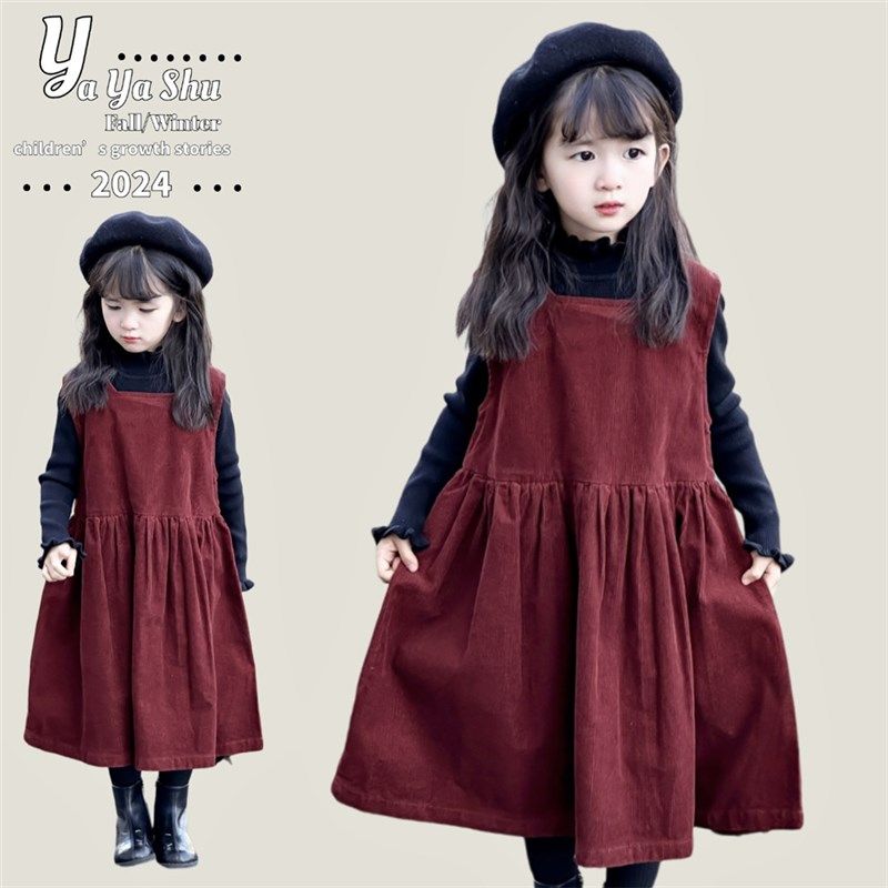 2025新款春秋装女童公主背心裙连衣裙红色灯芯绒裙子娃娃裙3-8岁