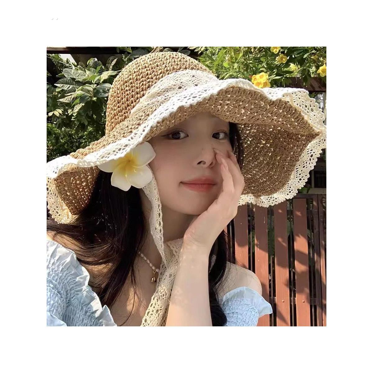 出游草帽ins海边帽女太阳帽系带草编蕾丝沙滩防晒遮阳帽帽子
