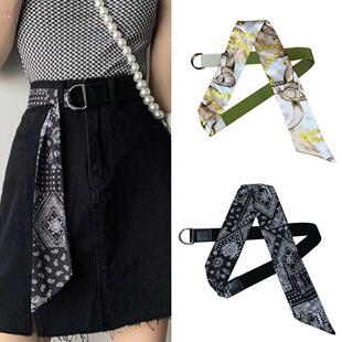 帆布拼丝巾腰带女配连衣裙子装饰牛仔裤带双环扣个性美式皮带百搭