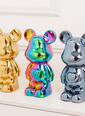 直销新款18cm网红卡通熊桃心熊陶瓷电镀熊摆件电视柜酒柜轻奢批办