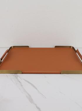 现代简约黑皮托盘样板房办公室卧室客厅餐厅厨房家居软装饰品摆件