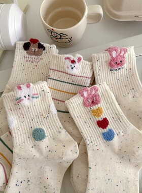 点子纱袜子女毛绒小兔秋冬中筒袜ins潮韩国可爱甜美卡通长袜