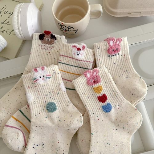 点子纱袜子女毛绒小兔秋冬中筒袜ins潮韩国可爱甜美卡通长袜