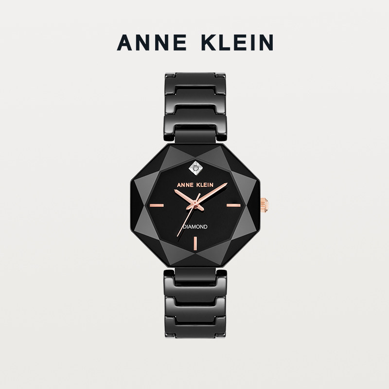 ANNE KLEIN安妮克莱因镶钻手表女黑色陶瓷石英腕表时尚