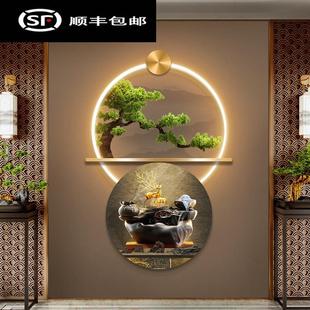 饰画大气发光盆栽壁饰挂画led灯走廊壁画 入户高级感迎客松玄关装