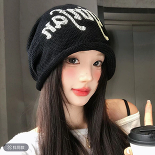 黑色夏季堆堆女薄款网纱亚麻透气字母包头帽子显脸小时尚潮流冷帽