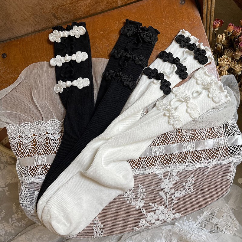袜贵人新品千禧年国风盘扣木耳边镂空中筒堆堆袜辣妹时髦小腿袜