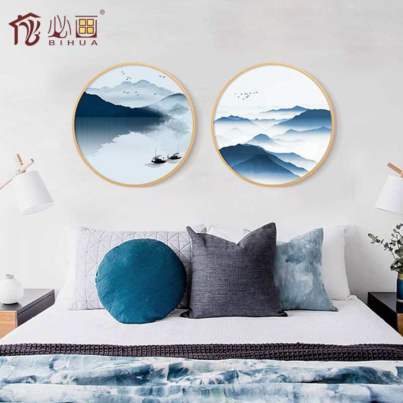 圆框装饰画厂家 新中式书房茶室挂画 圆形铝合金中式壁画