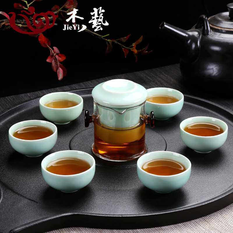 P66D陶瓷青花茶具家用耐热玻璃红茶冲茶器套装双耳过滤泡茶壶茶杯