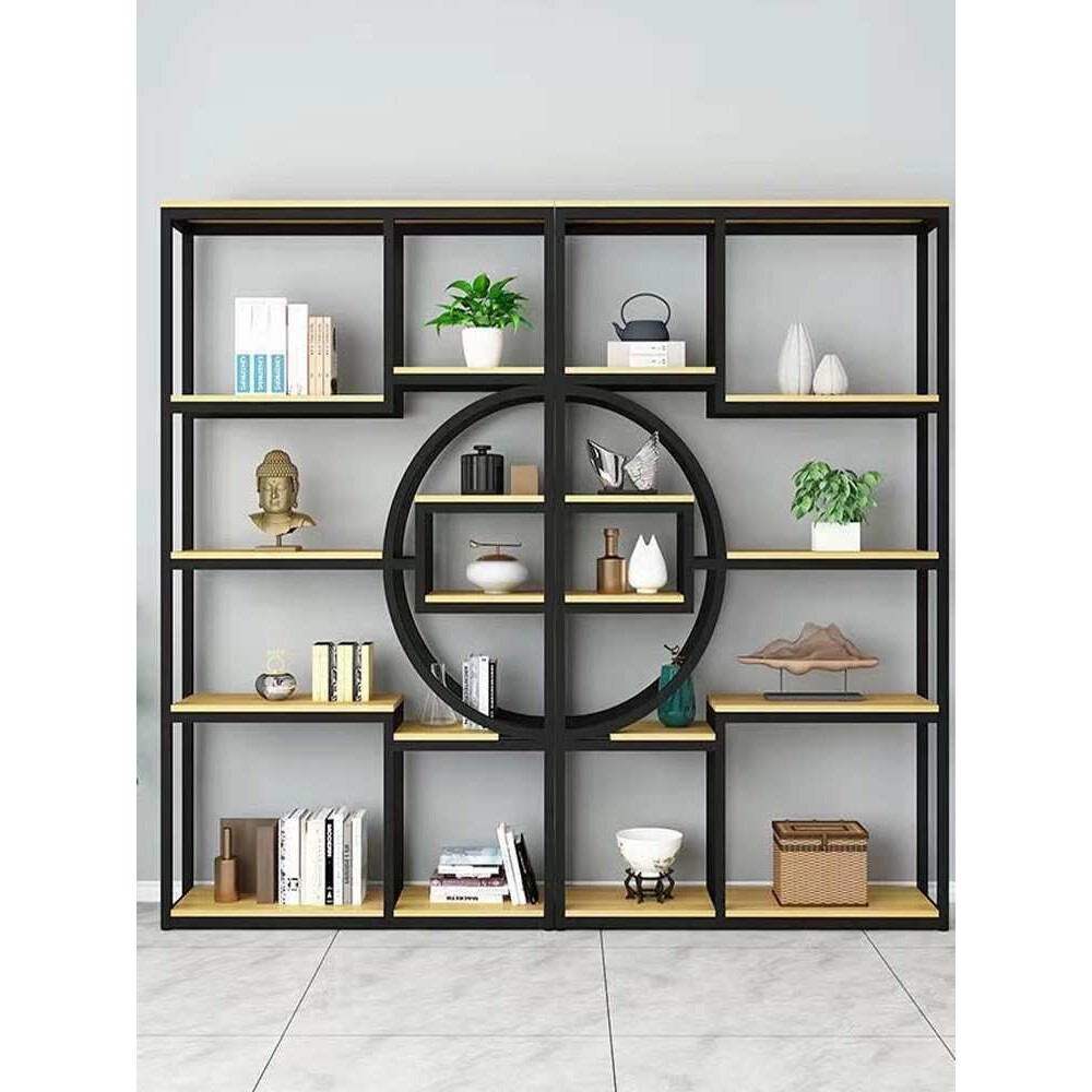 新中式博古架实木超窄奇石屏风隔断圆形多宝阁展示柜铁艺现代简约