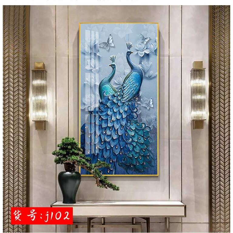 现代简约玄关装饰画壁画美式油画客厅欧式走廊挂画晶瓷过道画孔雀