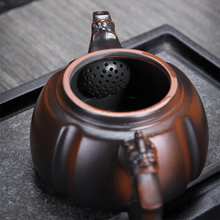 紫陶茶壶家用功夫茶具浮雕手工紫陶壶复古茶壶单壶仿古茶具礼