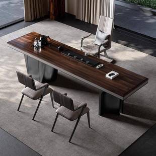 别墅家用烧水一体茶台椅组合 轻奢现代黑胡桃木实木大板茶桌新中式