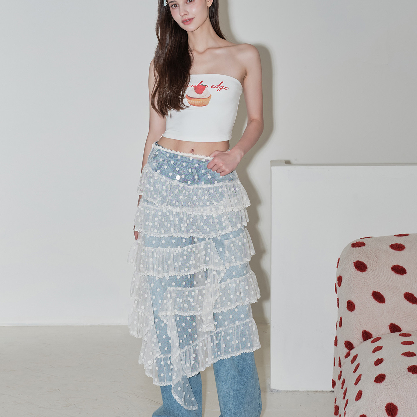 离森多层错落褶 A 字波点网纱蕾丝锁边云朵蛋糕裙