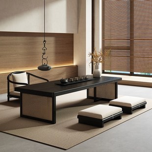 侘寂风实木藤编茶桌椅简约家用小户型茶几黑色实木长方形茶桌茶台