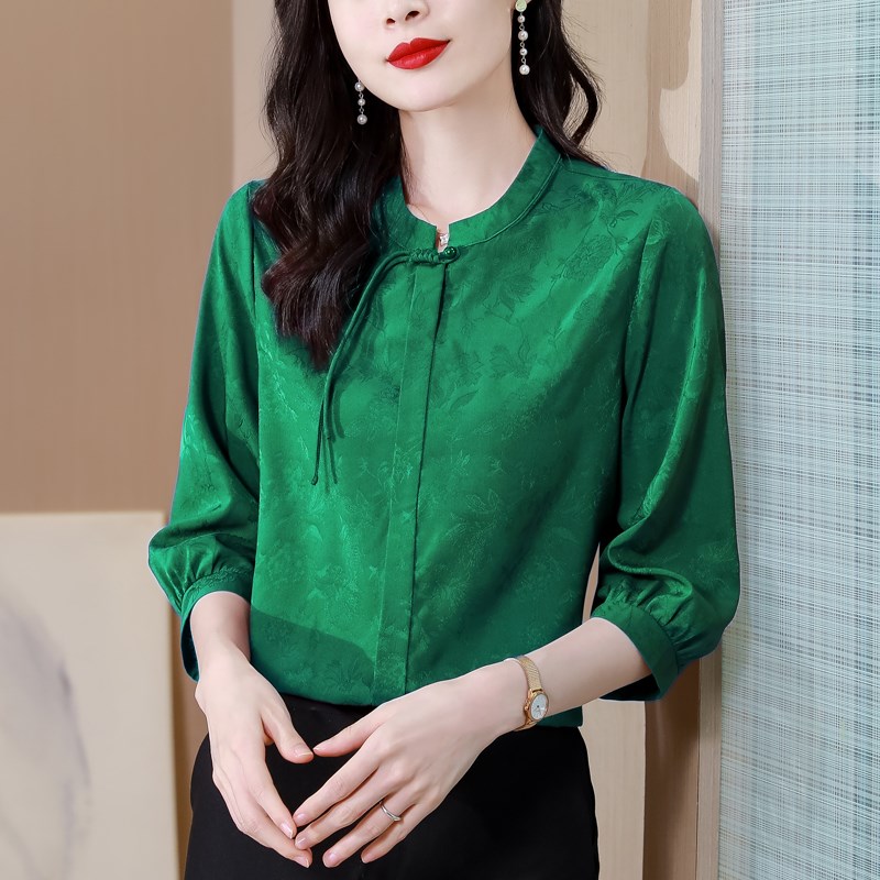 妈妈夏装重磅真丝衬衫女时尚七分袖中老年人高贵红色桑蚕丝绸上衣