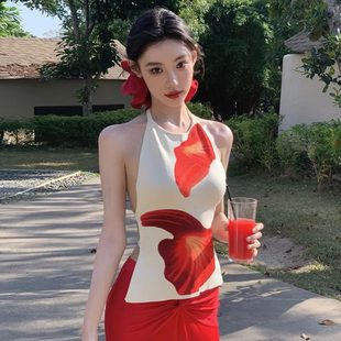 红裙片y jlu棉S挂脖吊带s露背潮 贼出氛围感木休闲两件套女i