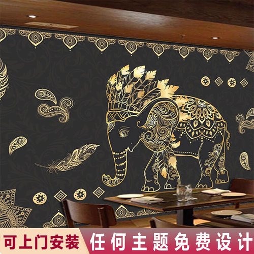 东南亚风格装修壁纸大象壁画布