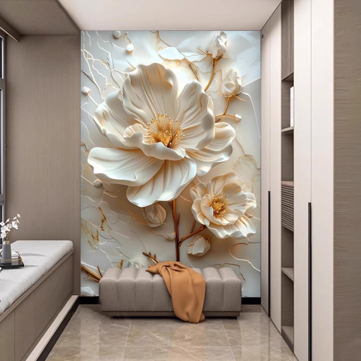立体浮雕花卉艺术墙布餐厅玄关入户走廊壁画酒店民宿床头背景壁布,家装主材,定制壁画,淘宝优惠券,粉丝福利购,淘宝优惠卷