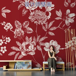 法式墙布2025新款中国红客厅背景无缝壁布田园花墙纸壁纸定制壁画