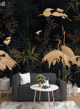 中式复古黑色仙鹤3D立体墙纸书房茶室背景墙布饭壁画酒店民宿壁纸