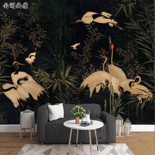 中式 复古黑色仙鹤3D立体墙纸书房茶室背景墙布饭壁画酒店民宿壁纸