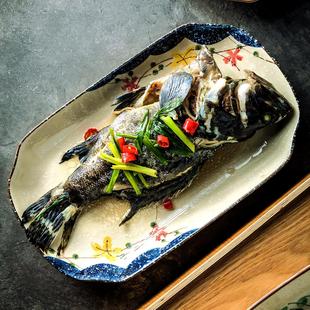 蒸鱼专用盘子长方形日式 大号鱼盘高级家用新款 餐盘陶瓷釉下彩餐具