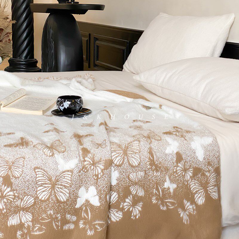 Rro秋冬国风貂绒毛毯盖毯加厚提花H高级感轻奢沙发卧室亲肤毯子