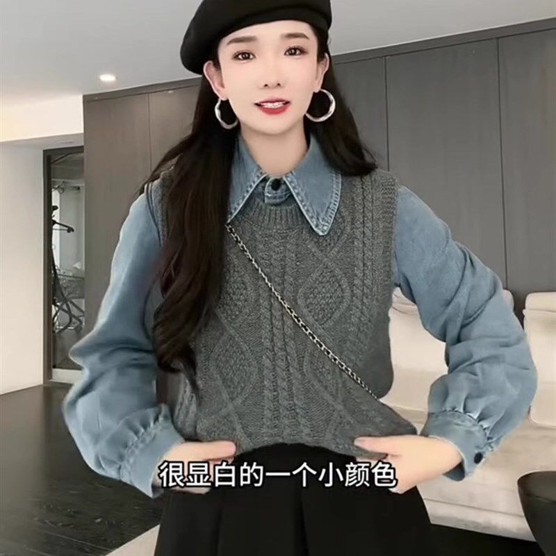 今年流行漂亮套装女春秋麻花针织马甲牛仔衬衫叠穿背心两件套校园
