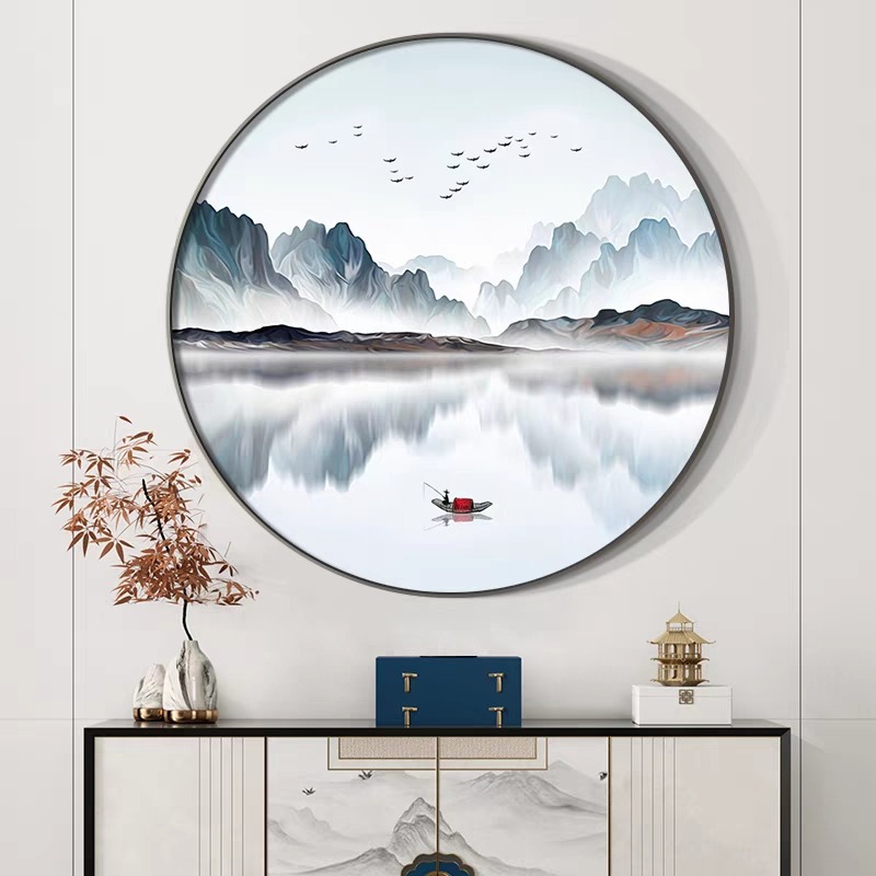 茶室新中式装饰画圆形背景墙水墨山水画办公室壁画客厅画沙发挂画