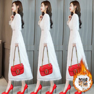 秋装女2021新款白色修身秋冬裙子气质加绒加厚长袖雪纺连衣裙长裙