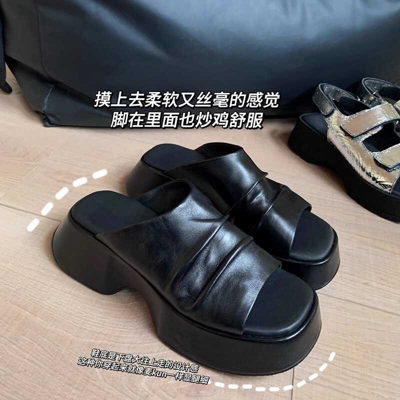 小众皱皱厚底一h字拖鞋女2025夏季新款舒适休闲外穿松糕底增高凉图片