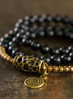 小众设计复古文玩手串女 混搭黄铜珠子檀木手饰个性多层手链男潮