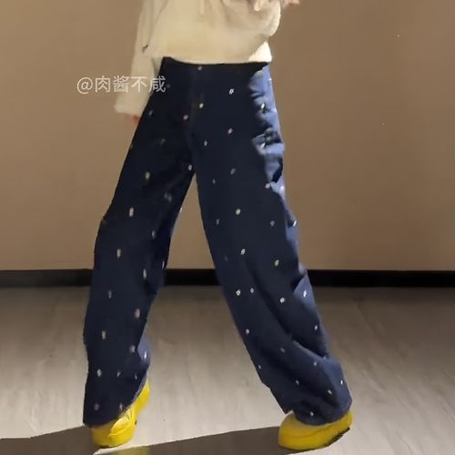 欧货蓝色高腰宽松休闲风直筒裤女2025春季新款运动日常慵懒风裤子