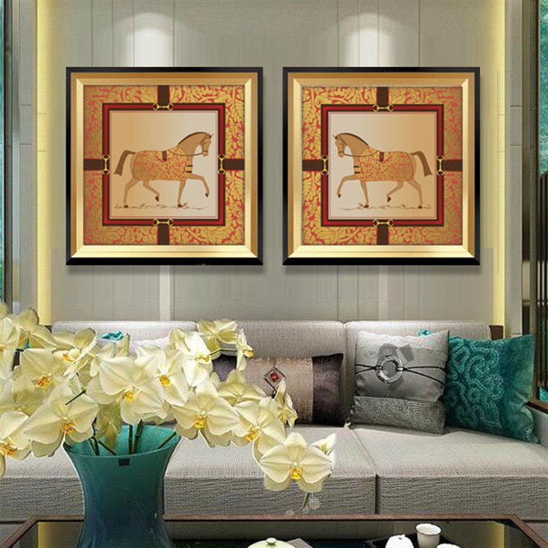 欧式别墅样板房美式玄关餐厅客厅装饰画沙发背景墙壁画马简欧挂画