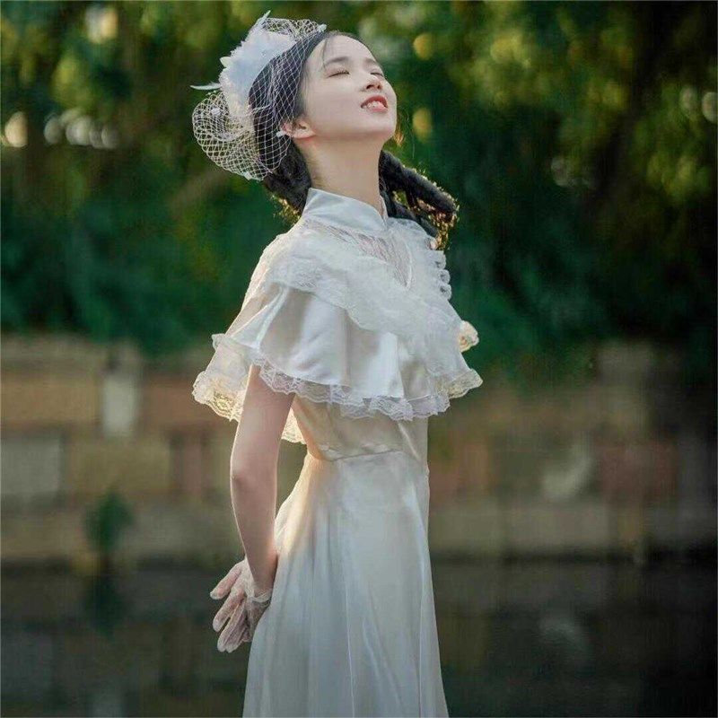 白色复古婚纱小洋裙夏日民国风订婚礼服连衣裙留洋大小姐短袖显瘦