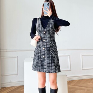 毛呢背心裙女秋冬2021新款韩版显瘦中长款气质格子百搭无袖连衣裙