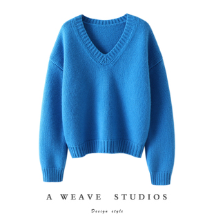 宽松秋冬 女纯羊绒毛衣针织衫 适度撩人 重磅加厚粗棒针V领山羊绒衫