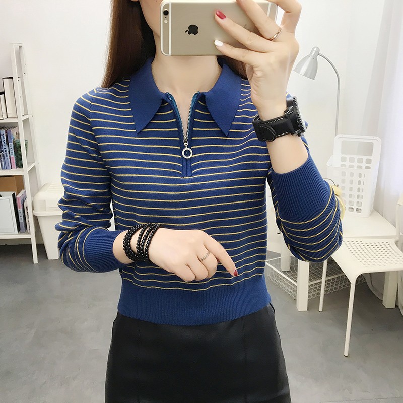 高腰短款小方领上衣女秋季2021年新款打底M衫女长袖内搭条纹针织
