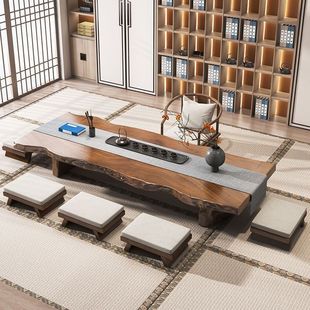 日式实木榻榻米茶桌椅组合原木整板茶几禅意泡茶台长条桌阳台矮桌