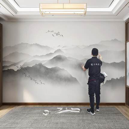 新中式水墨山水电视背景墙壁纸客厅沙发墙布3d书房茶室办公室壁画