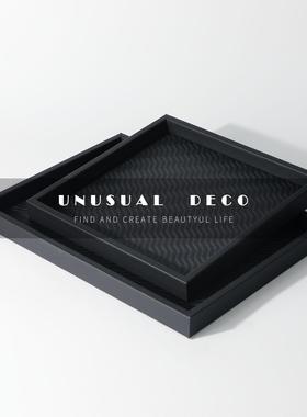 现代简约灰色皮质矩形轻奢桌面摆件 客厅卧室方形皮革装饰托盘