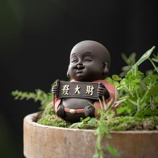 饰花盆紫砂微景观假山造景家居复古摆设 可爱小和尚人物盆栽配件装